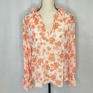 MISA Split-Neck Ruffle-Trim Peach Floral Print Chiffon Blouse